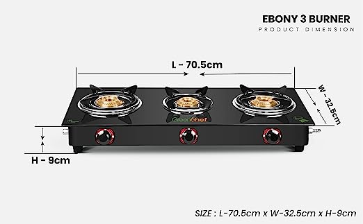 GREENCHEF Ebony 3 Burner Glass Top Gas Stove (Black), Manual Ignition GREENCHEF Ebony 3 Burner Glass Top Gas Stove (Black), Manual Ignition